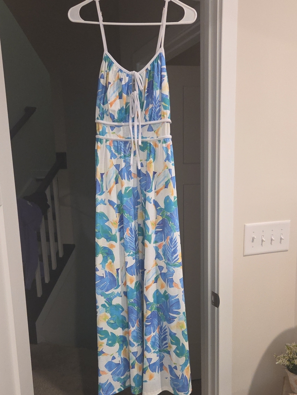 Grace Karin White with Blue and Green Tropical Print Dress